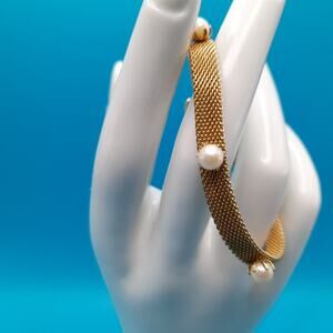 Vintage Mesh Buckle Bracelet Gold Tone Faux Pearl 1950s Adjustable
